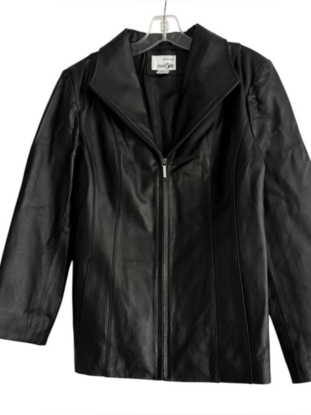 East 5th Vintage Black Genuine Leather Jacket Full Zip Fitted Wing Collar Small